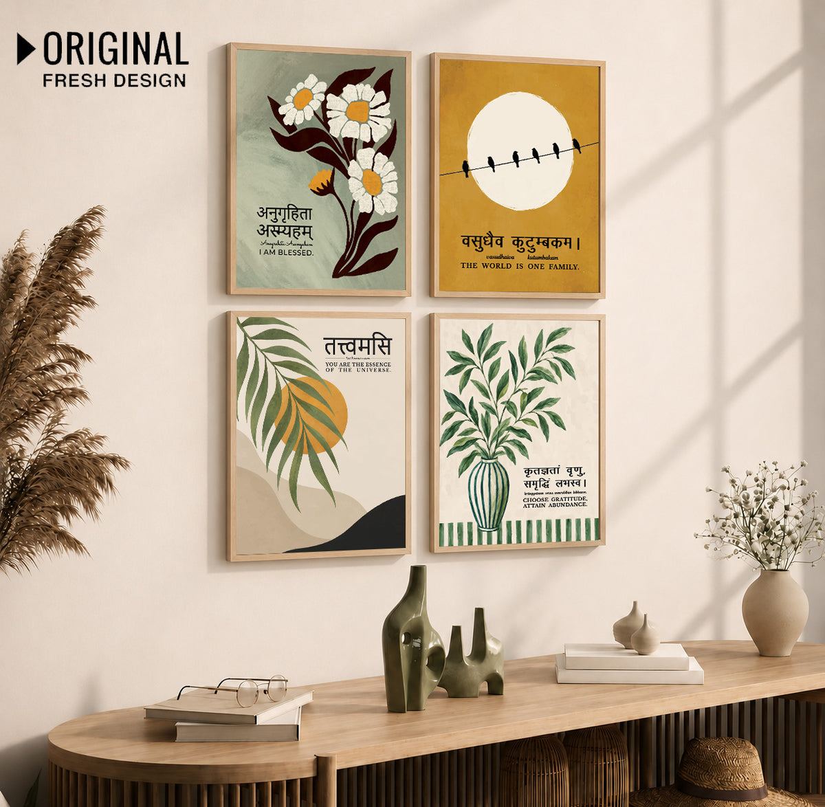 Unique concept Family and Home Wall Decor Painting - Gita, Upanishad, Sanskrit Hindi Art decoration item for living room (Set of 4)
