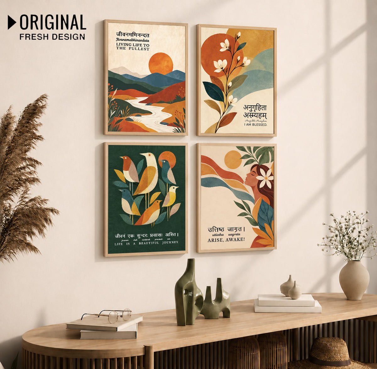 Unique concept Family and Home  Wall Decor Painting - Gita, Upanishad, Sanskrit Hindi Art decoration item for living room (Set of 4)