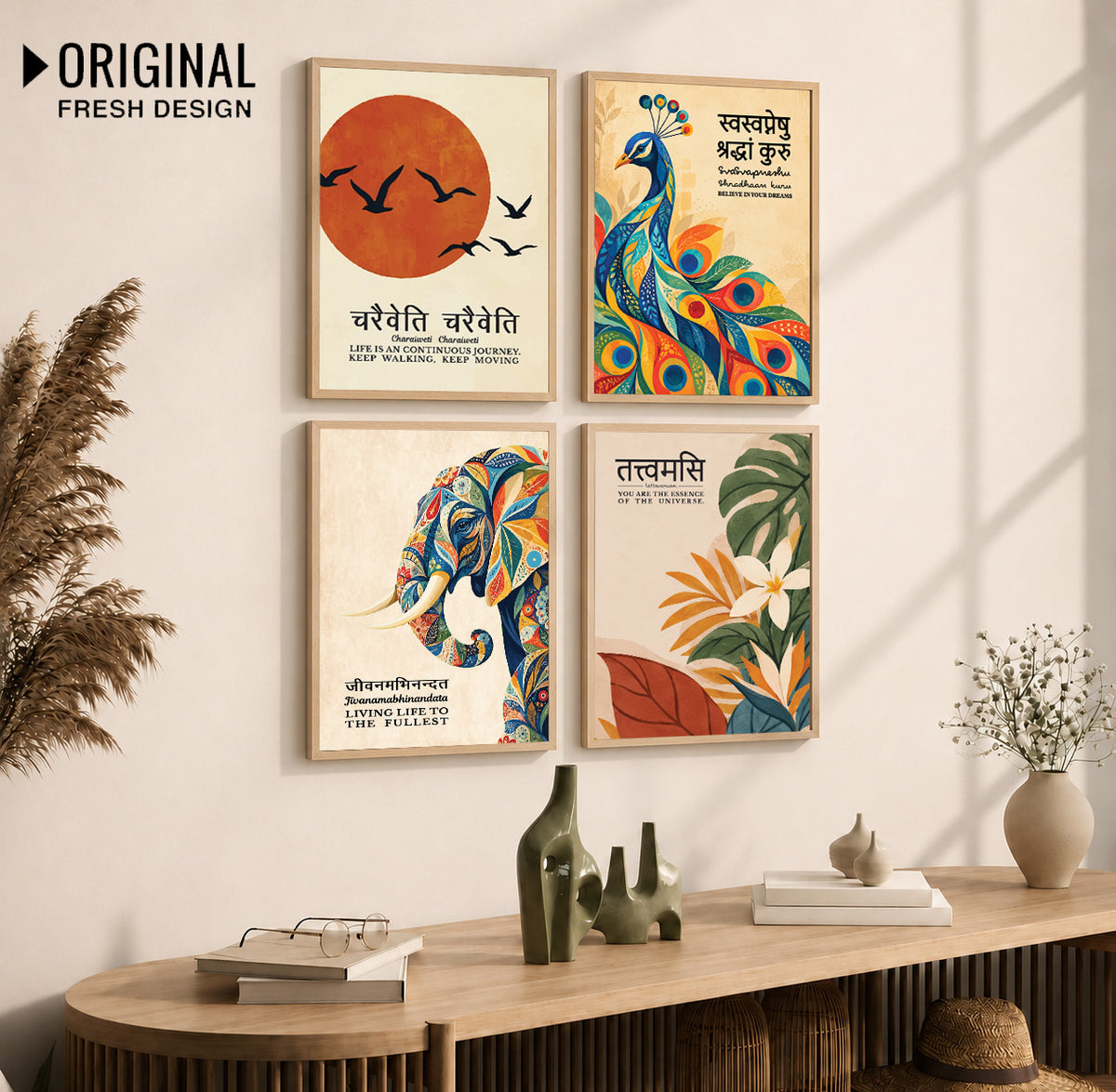 Unique concept Family and Home  Wall Decor Painting - Gita, Upanishad, Sanskrit Hindi Art decoration item for living room (Set of 4)