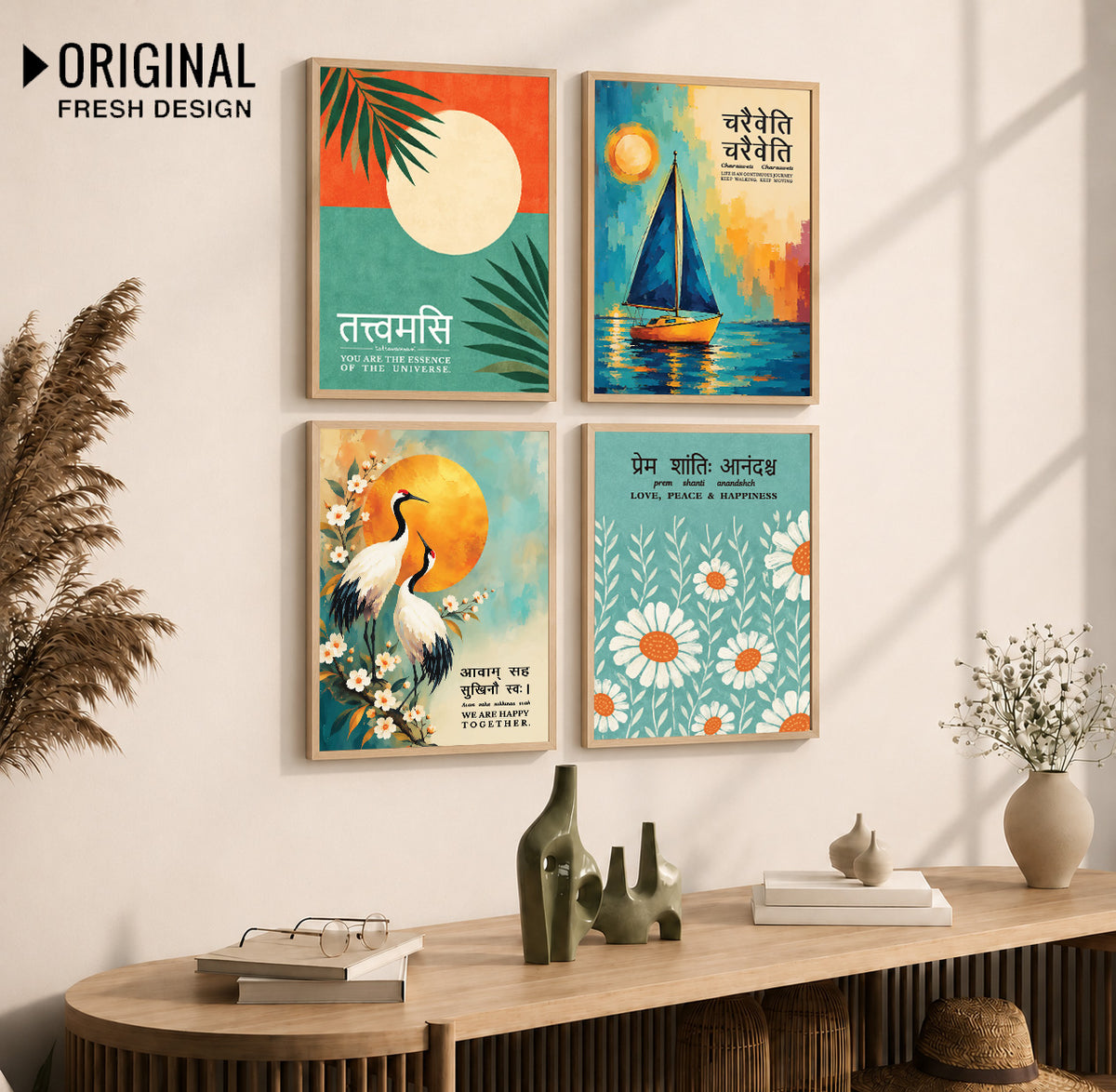 Unique concept Family and Home  Wall Decor Painting - Gita, Upanishad, Sanskrit Hindi Art decoration item for living room (Set of 4)