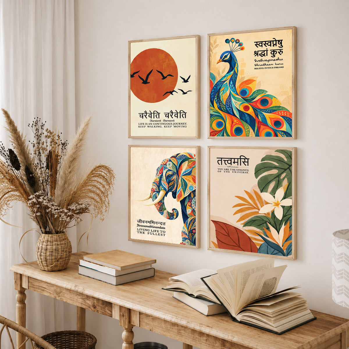 Unique concept Family and Home  Wall Decor Painting - Gita, Upanishad, Sanskrit Hindi Art decoration item for living room (Set of 4)