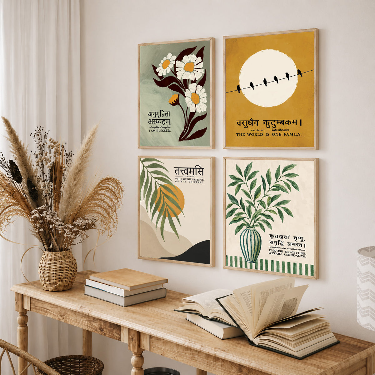 Unique concept Family and Home  Wall Decor Painting - Gita, Upanishad, Sanskrit Hindi Art decoration item for living room (Set of 4)