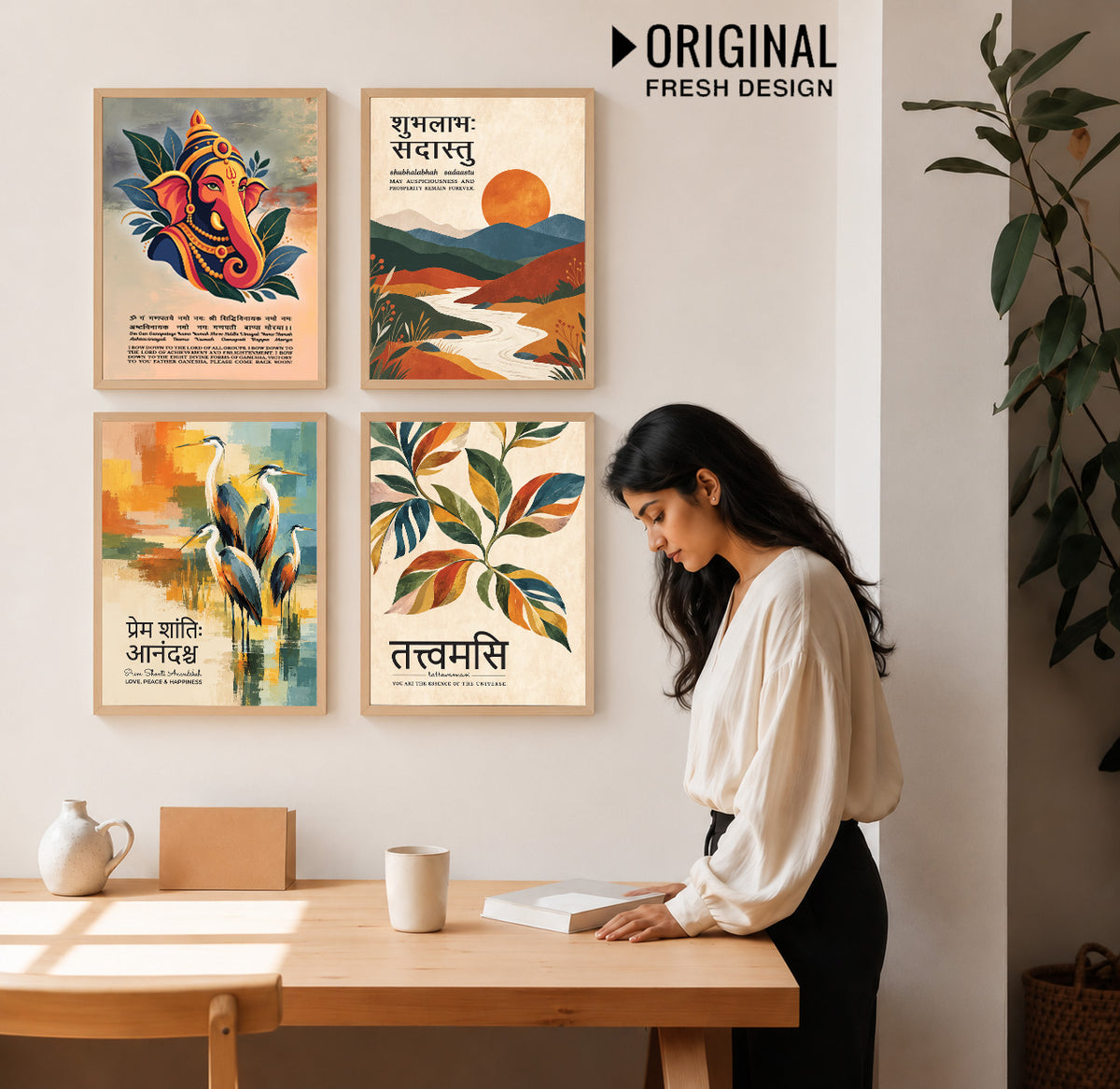 Unique concept Family and Home  Wall Decor Painting - Gita, Upanishad, Sanskrit Hindi Art decoration item for living room (Set of 4)