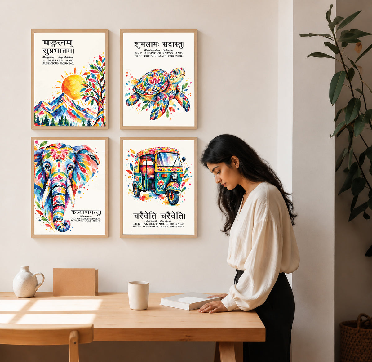 Family Home Gita Upanishad Sanskrit Hindi Wall Decor (Set of 4)