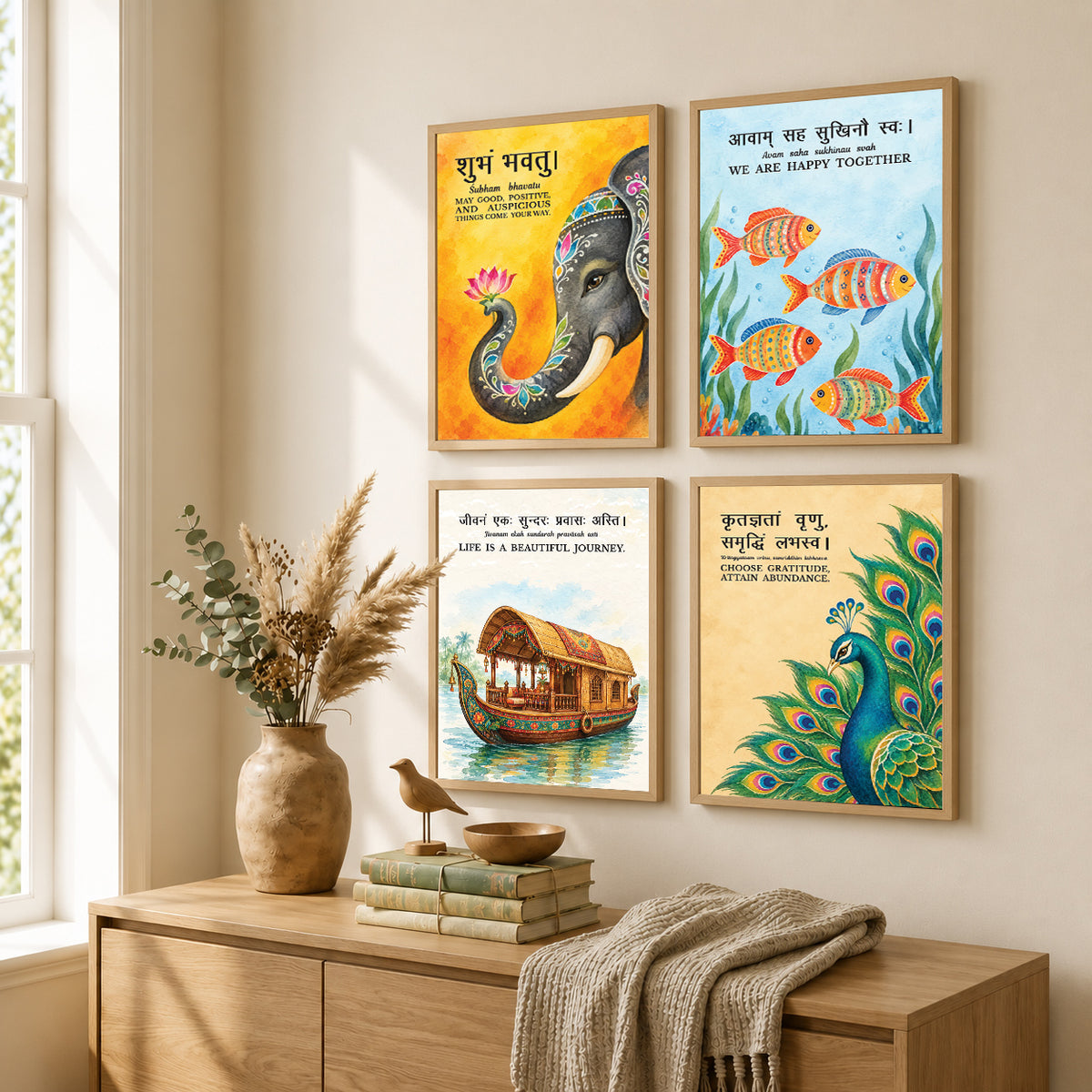 Family Home Gita Upanishad Sanskrit Hindi Wall Decor (Set of 4)