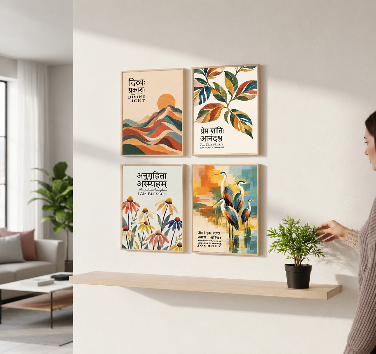 Unique concept Family and Home  Wall Decor Painting - Gita, Upanishad, Sanskrit Hindi Art decoration item for living room (Set of 4)